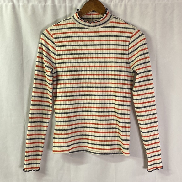 J. Crew Tops - J. Crew Red & Blue Striped Ribbed Knit Long Sleeve Lettuce Edge Mock Neck Top